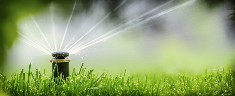 Automatic sprinkler watering a green lawn in daylight