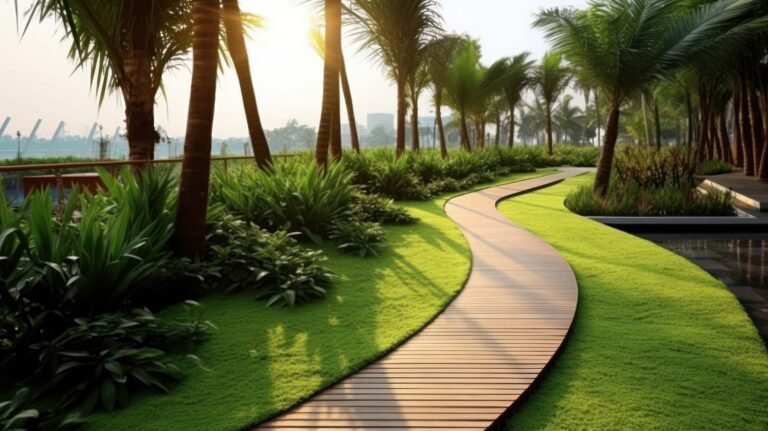 path in a tropical garden with palm trees